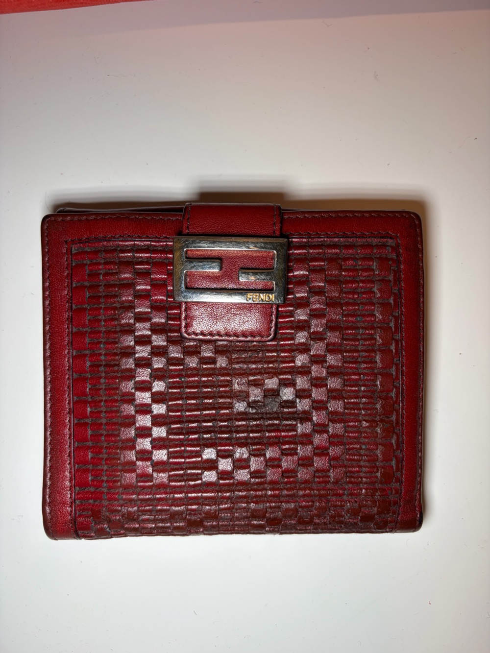 Vintage Fendi Red Woven Leather Wallet with double F Clasp